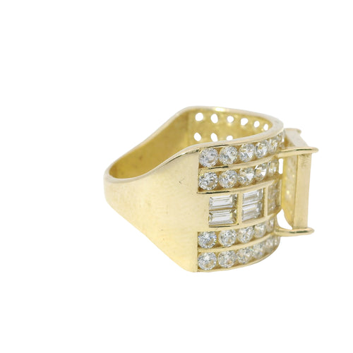 14KT Gold Ring Women's Mini Square Four Prong Six Row White CZ Stones Cluster with Four Sections of Two CZ Baguettes with Double Row of Round White CZ Stones Border Band