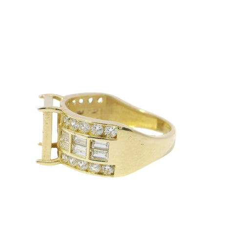 14KT Gold Ring Women's Mini Square Four Prong Six Row White CZ Stones Cluster with Four Sections of Two CZ Baguettes with Single Row of Round White CZ Stones Border Band