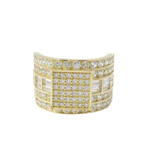 14KT Gold Ring Women's Mini Square Four Prong Six Row White CZ Stones Cluster with Four Sections of Two CZ Baguettes with Double Row of Round White CZ Stones Border Band
