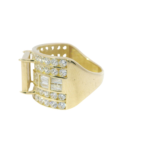 14KT Gold Ring Women's Mini Square Four Prong Six Row White CZ Stones Cluster with Four Sections of Two CZ Baguettes with Double Row of Round White CZ Stones Border Band