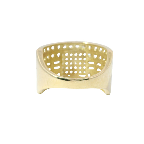 14KT Gold Ring Women's Mini Square Four Prong Six Row White CZ Stones Cluster with Four Sections of Two CZ Baguettes with Double Row of Round White CZ Stones Border Band
