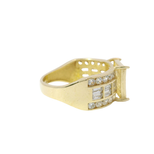 14KT Gold Ring Women's Mini Square Four Prong Six Row White CZ Stones Cluster with Four Sections of Two CZ Baguettes with Single Row of Round White CZ Stones Border Band