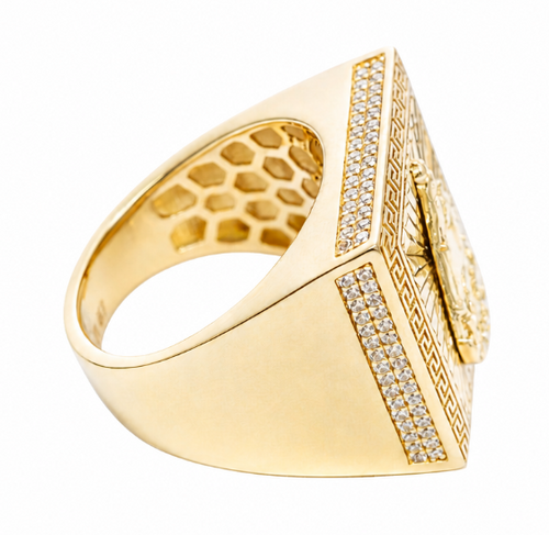 14KT Gold Ring Men's Square St Clare Sunray Background Greek Border Double Row White CZ Stones Edge Border Plain Band