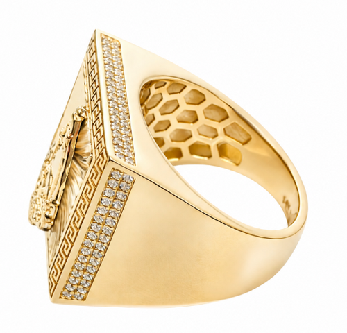 14KT Gold Ring Men's Square St Clare Sunray Background Greek Border Double Row White CZ Stones Edge Border Plain Band