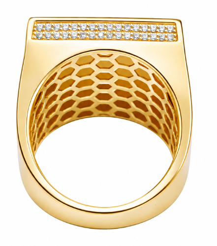 14KT Gold Ring Men's Square St Clare Sunray Background Greek Border Double Row White CZ Stones Edge Border Plain Band