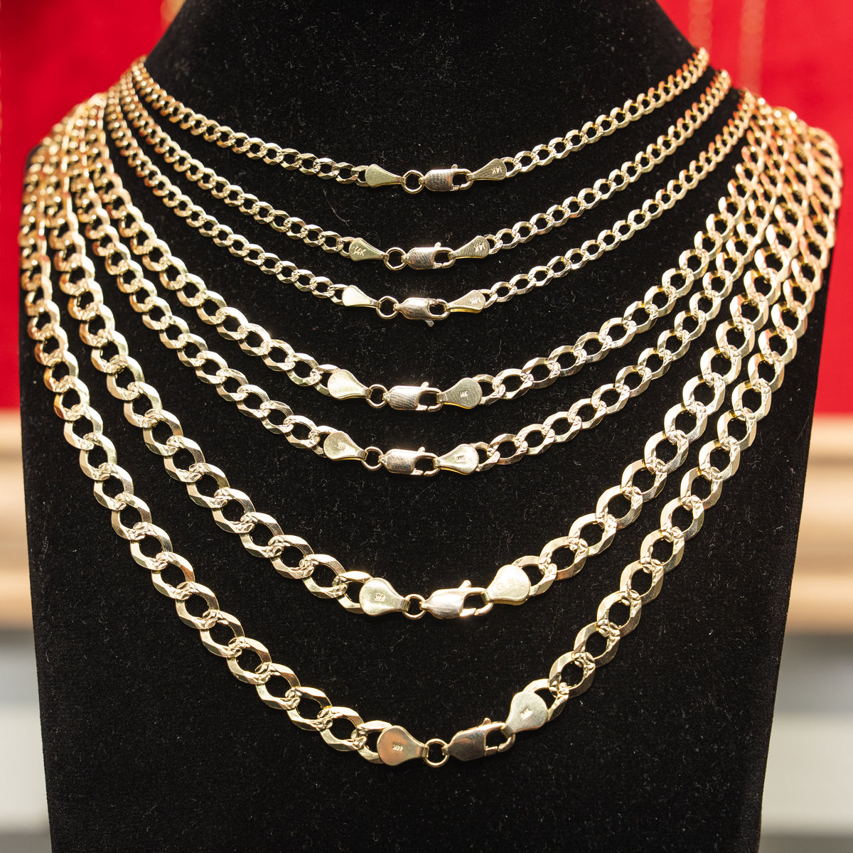 14KT Gold Chain Solid Curb Yellow Diamond Cut 10mm