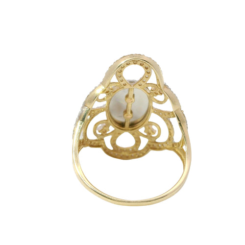 14KT Gold Ring Women's Tri Tone Plain Center Cross with Oval Sunray Background and Fancy Scroll Open Frame Border with Plain Split Band