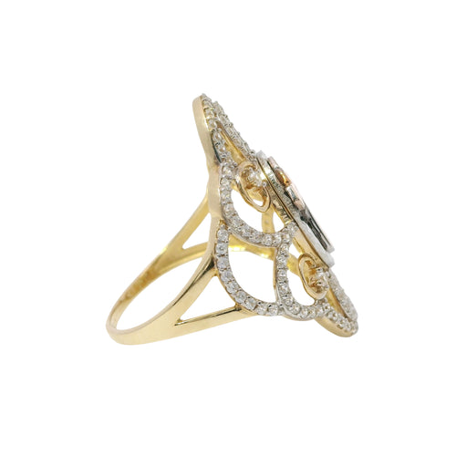 14KT Gold Ring Women's Tri Tone Plain Center Cross with Oval Sunray Background and Fancy Scroll Open Frame Border with Plain Split Band