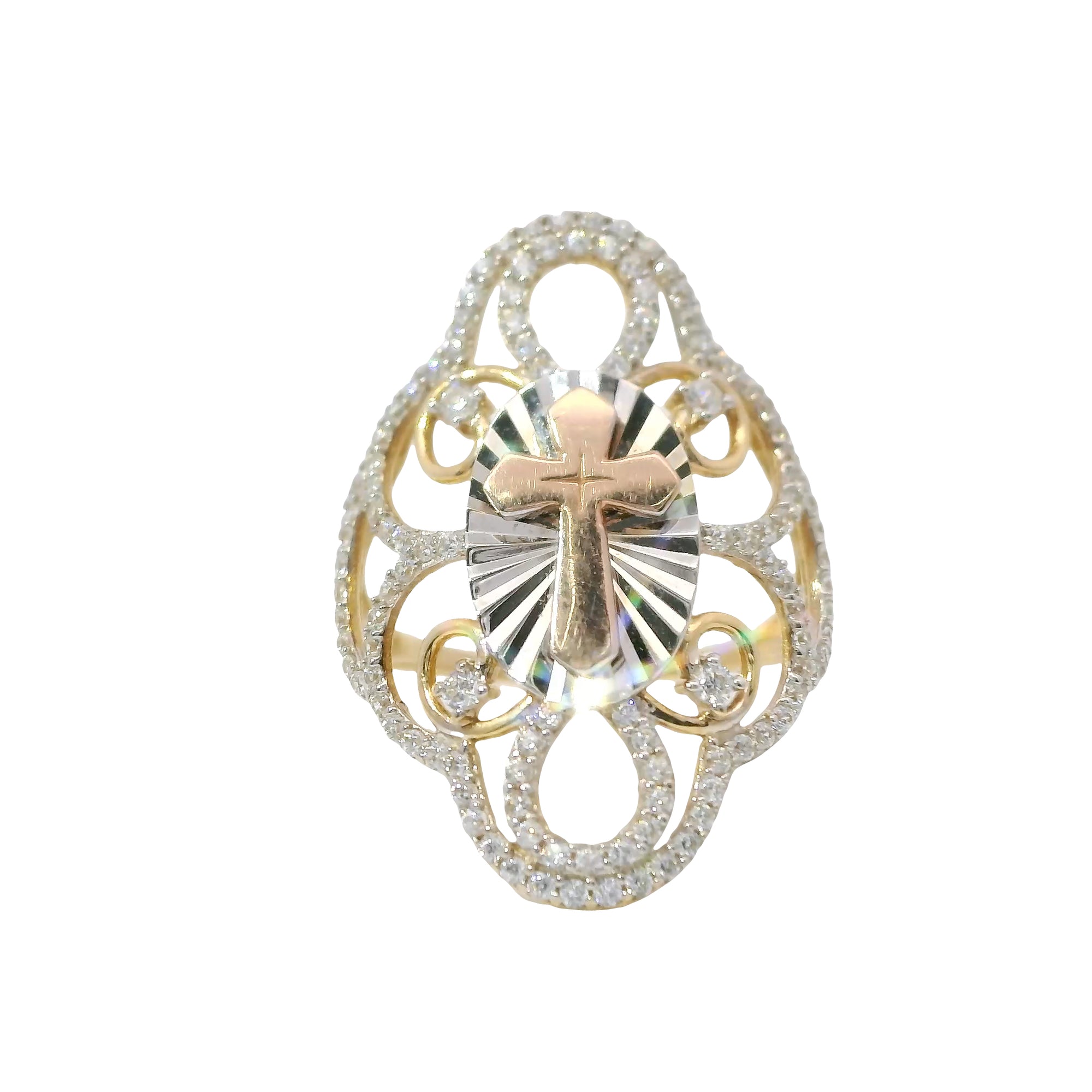 14KT Gold Ring Women's Tri Tone Plain Center Cross with Oval Sunray Background and Fancy Scroll Open Frame Border with Plain Split Band