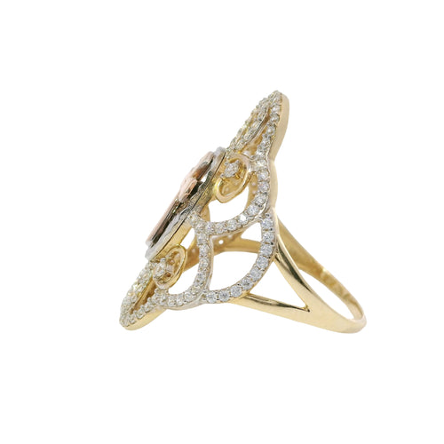 14KT Gold Ring Women's Tri Tone Plain Center Cross with Oval Sunray Background and Fancy Scroll Open Frame Border with Plain Split Band