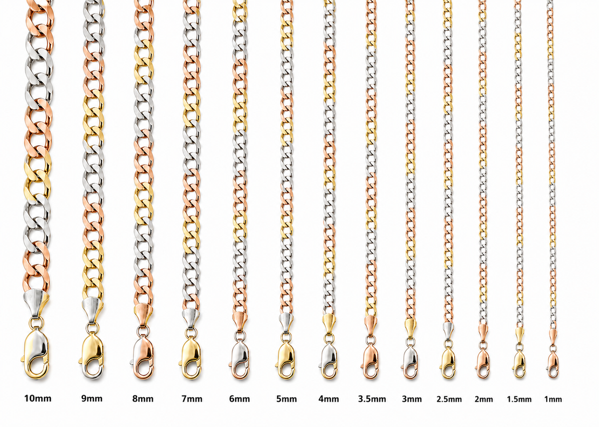 14KT Gold Chain Hollow Tri Tone Curb 1mm