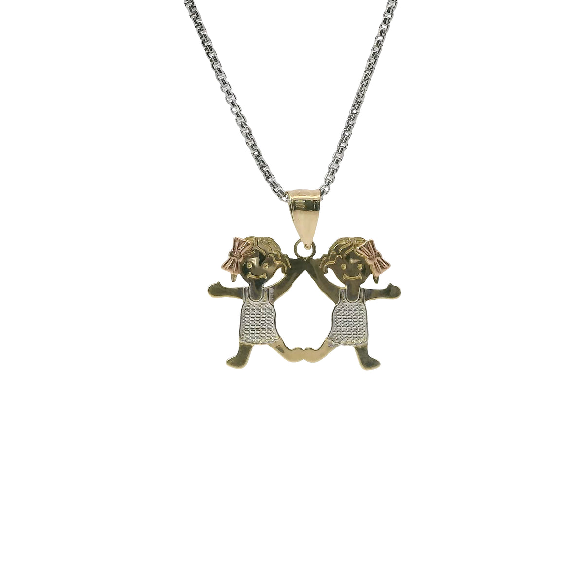 14KT Gold Charm Jumbo Tri Tone Girl / Girl Twins with Plain Bell