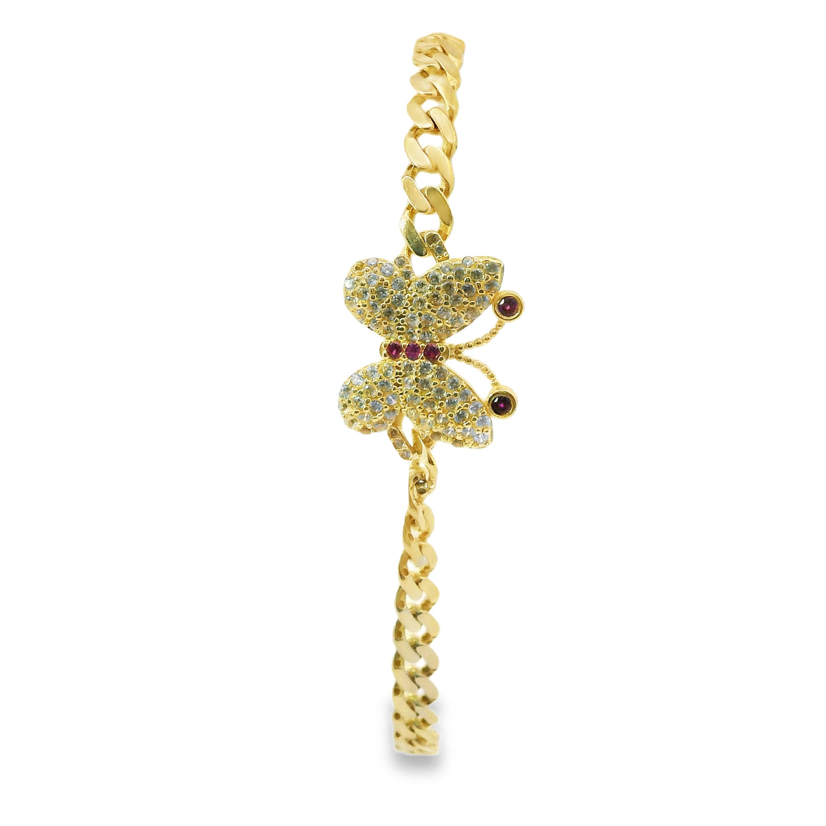 14KT Gold Bracelet Women's White CZ Stones Butterfly with Dark Pink CZ Stones Body and Antennas White CZ Stone End Cuban Link Lobster Clasp Band