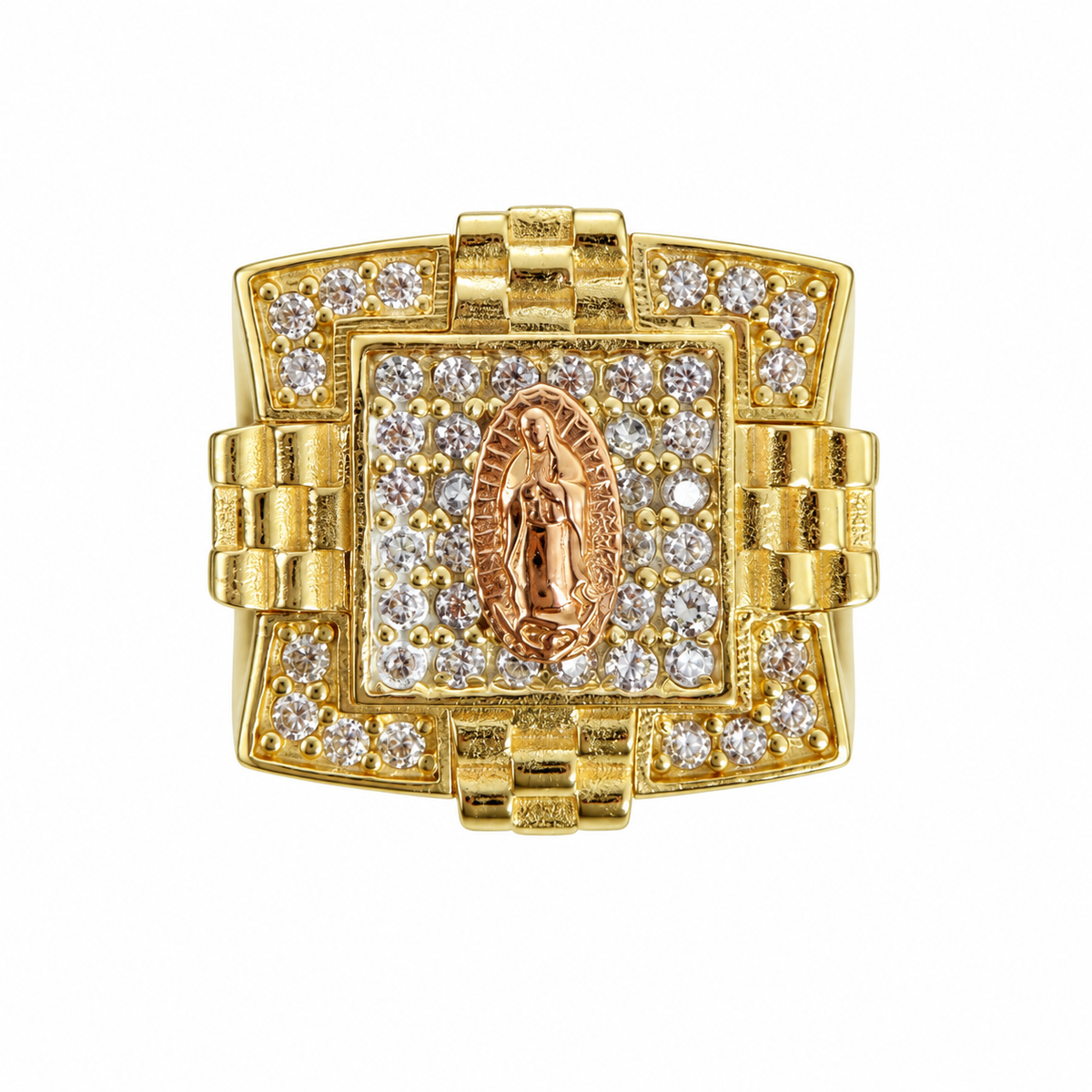 14KT Gold Ring Men's Square Two Tone Raised Virgin Mary with White CZ Stones Background, Plain Frame and Watch Band Edges and Band