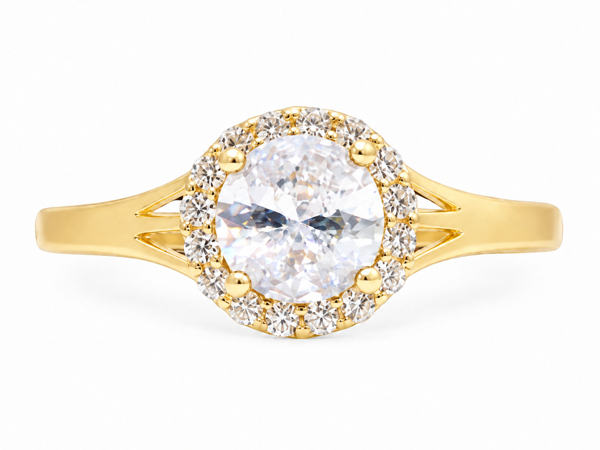 14KT Gold Ring Women's Round White CZ Stone Center with Round White CZ Stones Border and Mini Plain Double Split Band