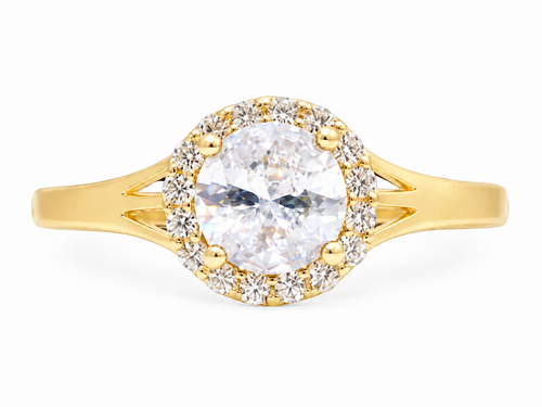 14KT Gold Ring Women's Round White CZ Stone Center with Round White CZ Stones Border and Mini Plain Double Split Band