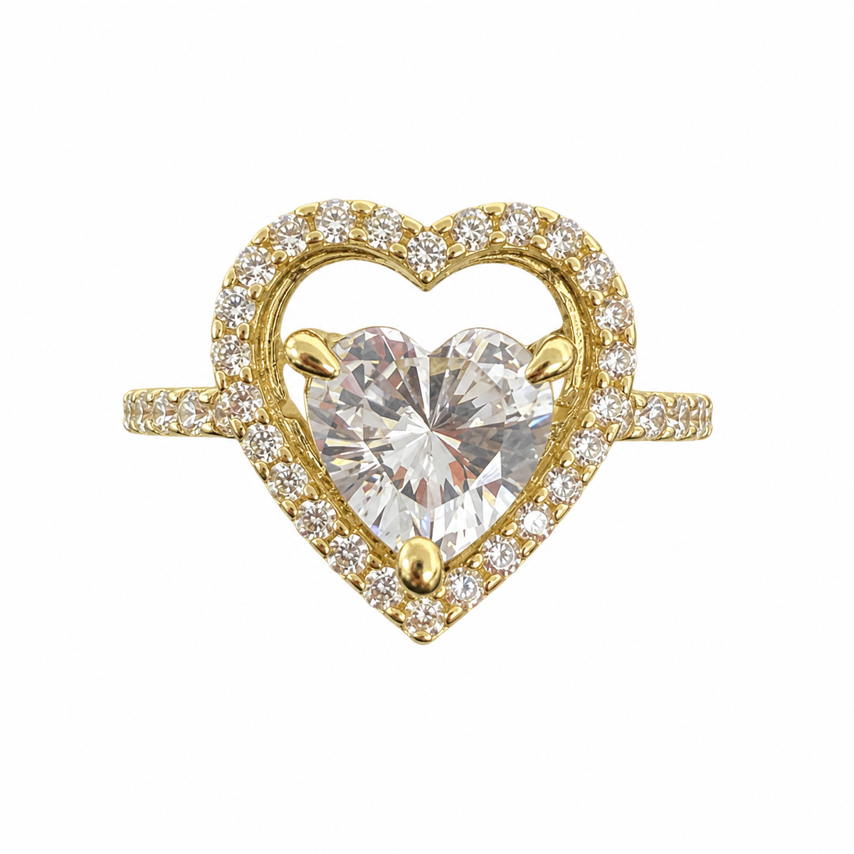 14KT Gold Ring Women's White Heart CZ Stone Center with Round White CZ Stones Outline Heart Border and White CZ Stones Band