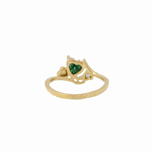 14KT Gold Ring Women's Dark Green Heart Shape Center CZ Stone Left White Round CZ Stone with Two Plain Hearts and Plain Bypass Band Upper - Rope Lower Band Plain