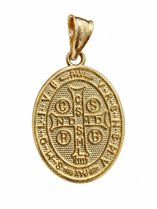 14KT Gold Charm Extra Small Two Tone Oval St Benedict Coin with Plain Bell