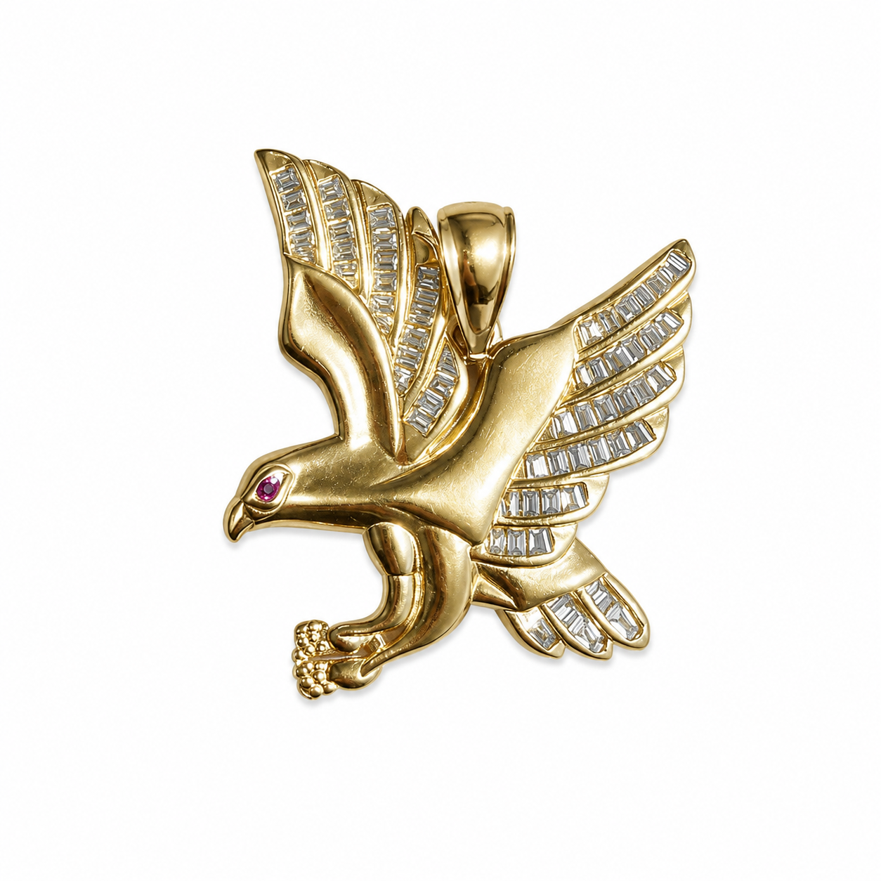 14KT Gold Charm Large Left Facing Soaring Eagle with White CZ Stones Baguette Wings, Red CZ Stone Eye and Plain Bell