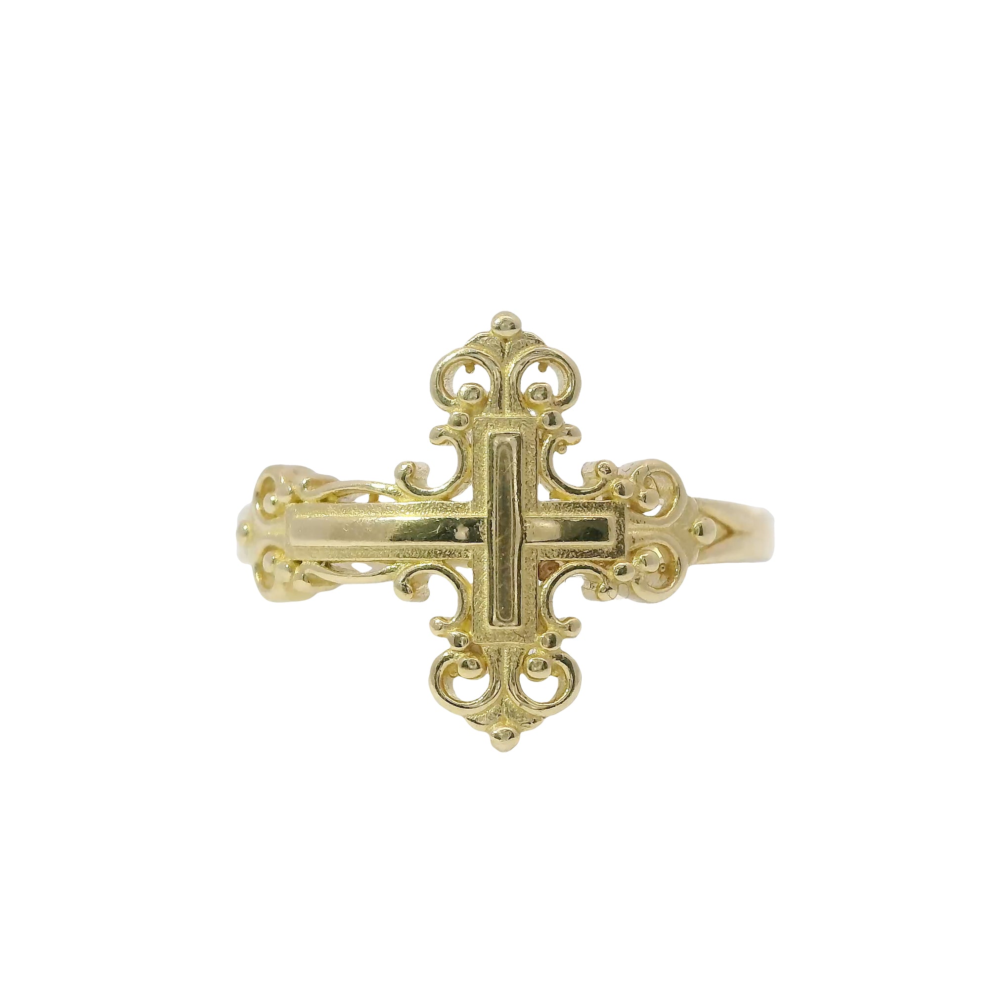 14KT Gold Ring Women's Medium Plain Center Ornate Cross with Plain Mini Split Band