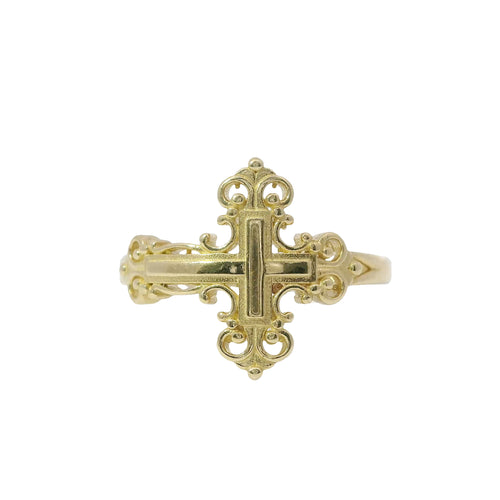14KT Gold Ring Women's Medium Plain Center Ornate Cross with Plain Mini Split Band