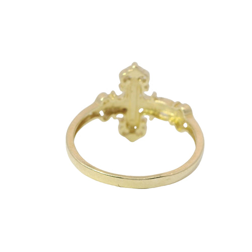 14KT Gold Ring Women's Medium Plain Center Ornate Cross with Plain Mini Split Band