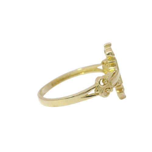 14KT Gold Ring Women's Medium Plain Center Ornate Cross with Plain Mini Split Band