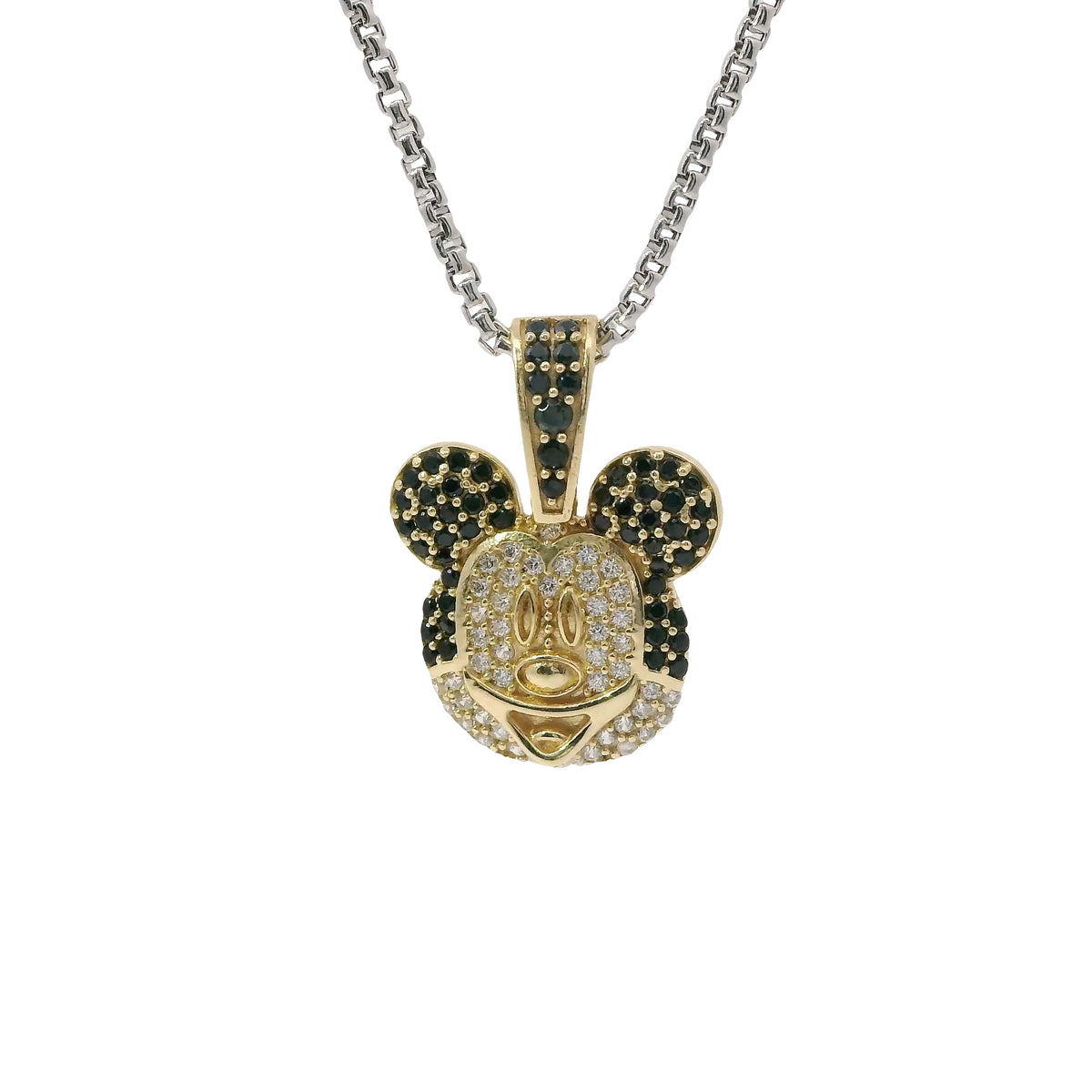 14KT Gold Charm Mickey Mouse Head with White CZ Stone Face Black CZ Ears and Bell