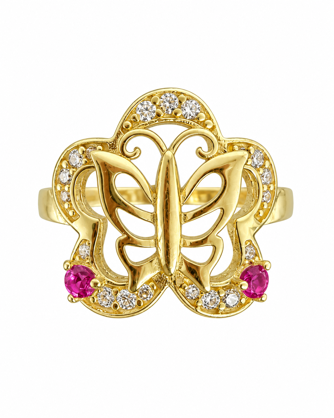 14KT Gold Ring Women's Plain Butterfly Center Open Five Petal White CZ Stone Flower Border with Two Dark Pink Round CZ Stones Plain Band