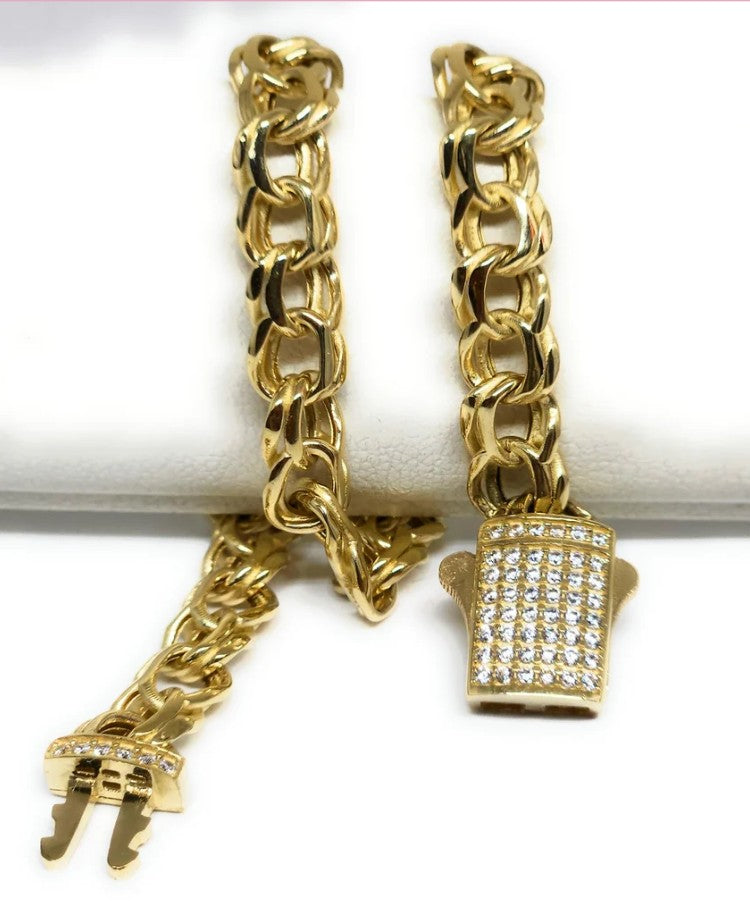 14KT Gold Bracelet Hollow Crown Chino Link with White CZ Stones and Plain Designer Style Lock 2mm