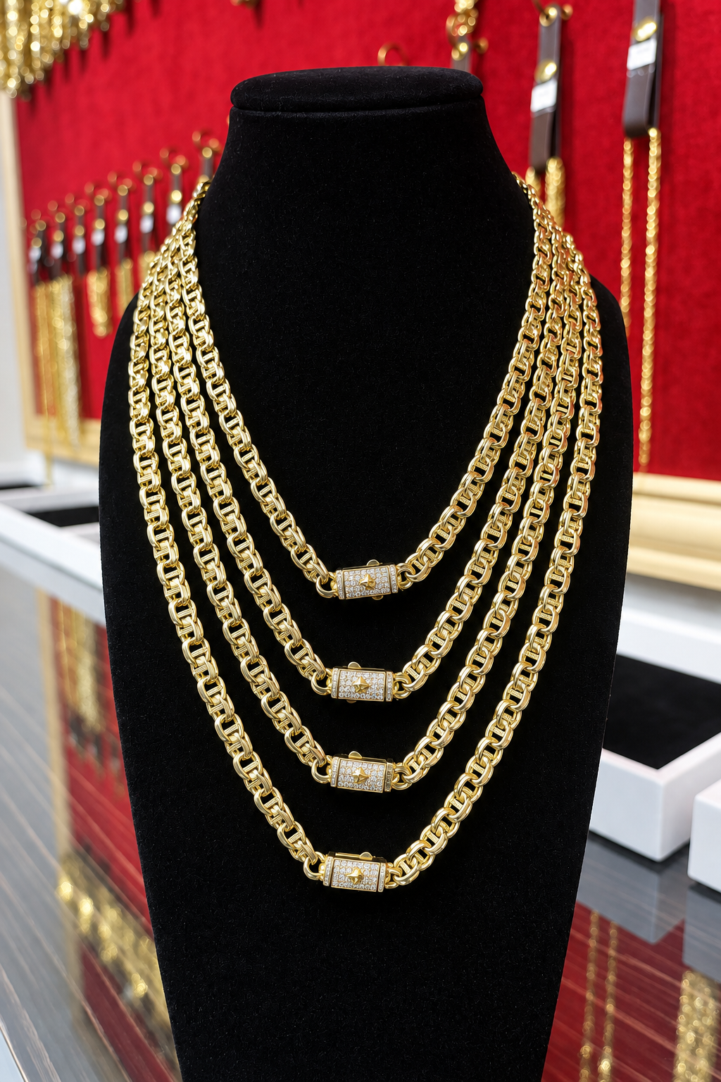 14KT Gold Chain Hollow Crown Chino with White CZ Stones and Plain Diamond Shape Emblem on Designer Style Lock 5mm
