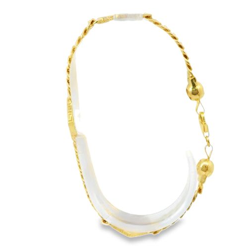 14KT Gold Bracelet Women's Three Charm Engravable Greek Edge Hearts with White CZ Stone End Cuban Link Lobster Clasp Band