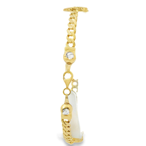 14KT Gold Bracelet Women's Three Charm Engravable Greek Edge Hearts with White CZ Stone End Cuban Link Lobster Clasp Band