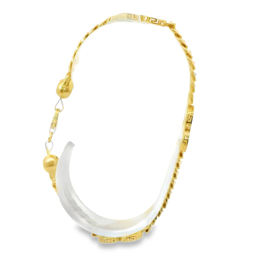 14KT Gold Bracelet Women's Three Charm Engravable Greek Edge Hearts with White CZ Stone End Cuban Link Lobster Clasp Band