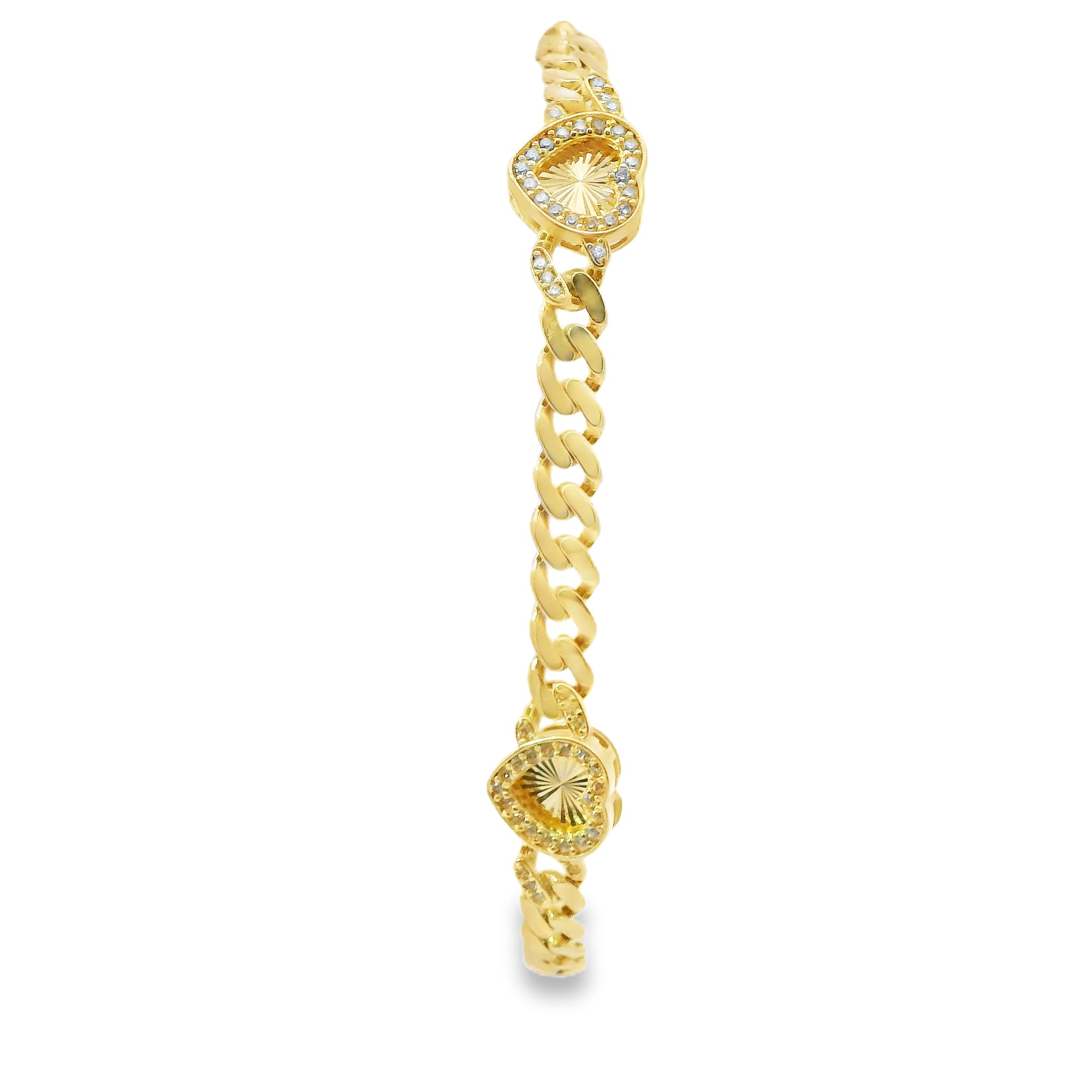 14KT Gold Bracelet Women's Three Charm Sunray Hearts with White CZ Stones Borders and White CZ Stone End Cuban Link Lobster Clasp Band