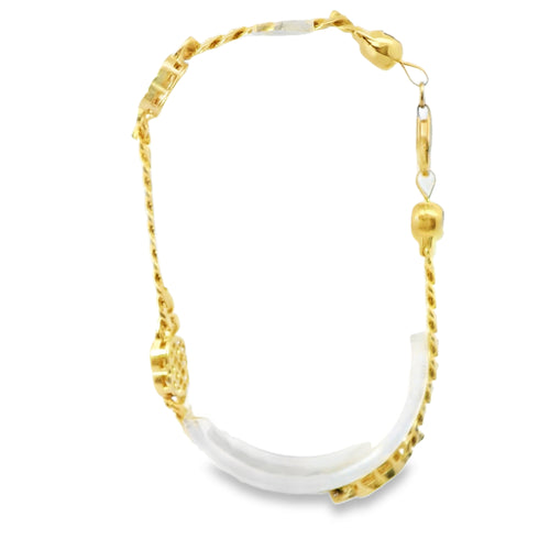 14KT Gold Bracelet Women's Three Charm Sunray Hearts with White CZ Stones Borders and White CZ Stone End Cuban Link Lobster Clasp Band