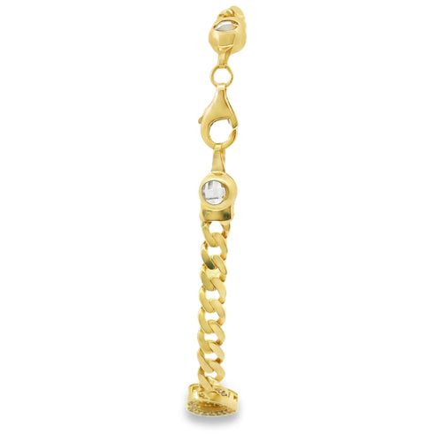 14KT Gold Bracelet Women's Three Charm Sunray Hearts with White CZ Stones Borders and White CZ Stone End Cuban Link Lobster Clasp Band