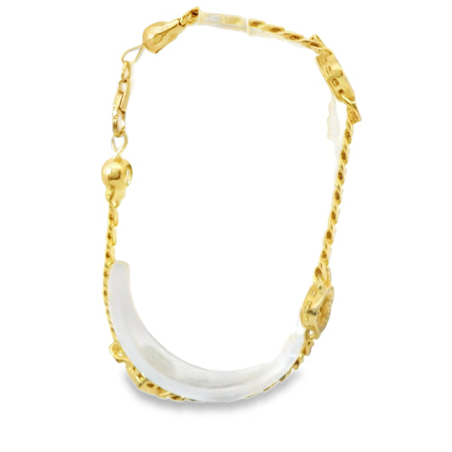 14KT Gold Bracelet Women's Three Charm Sunray Hearts with White CZ Stones Borders and White CZ Stone End Cuban Link Lobster Clasp Band