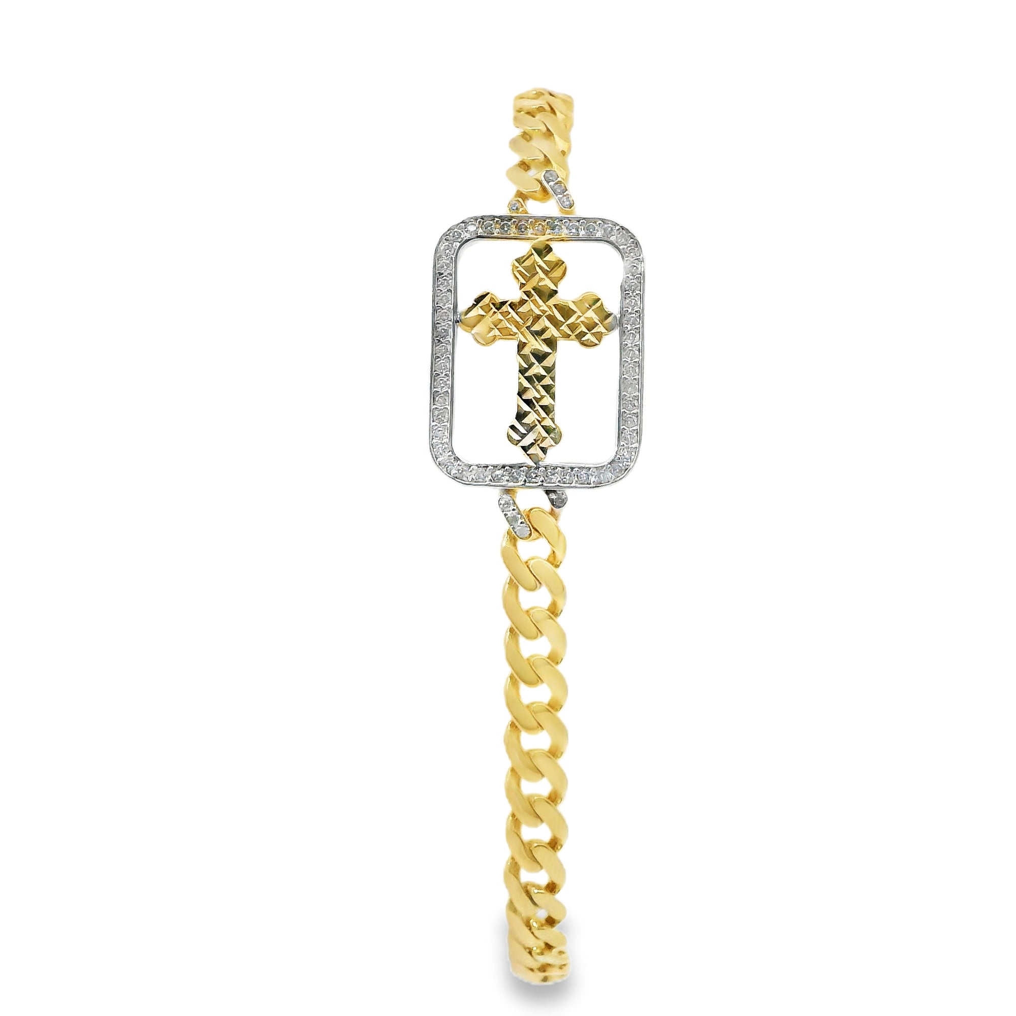 14KT Gold Bracelet Women's Single Charm Two Tone Diamond Cut Cross with Rectangle White Gold CZ Stones Border and White CZ Stone End Cuban Link Lobster Clasp Band