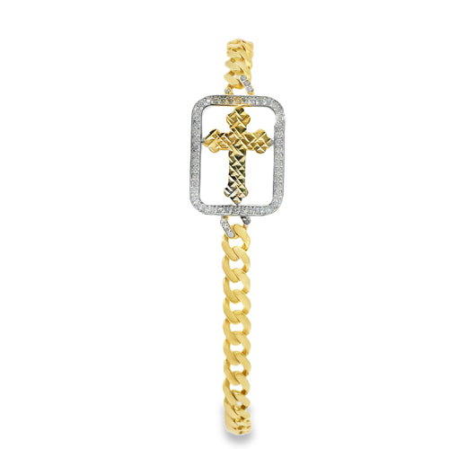 14KT Gold Bracelet Women's Single Charm Two Tone Diamond Cut Cross with Rectangle White Gold CZ Stones Border and White CZ Stone End Cuban Link Lobster Clasp Band