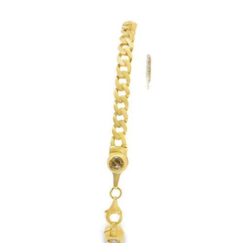 14KT Gold Bracelet Women's Single Charm Two Tone Diamond Cut Cross with Rectangle White Gold CZ Stones Border and White CZ Stone End Cuban Link Lobster Clasp Band