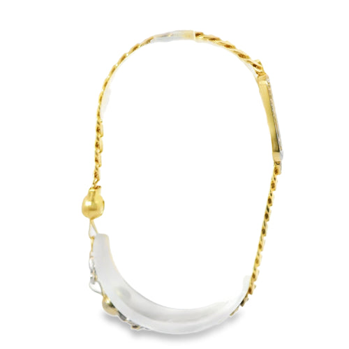 14KT Gold Bracelet Women's Single Charm Two Tone Diamond Cut Cross with Rectangle White Gold CZ Stones Border and White CZ Stone End Cuban Link Lobster Clasp Band