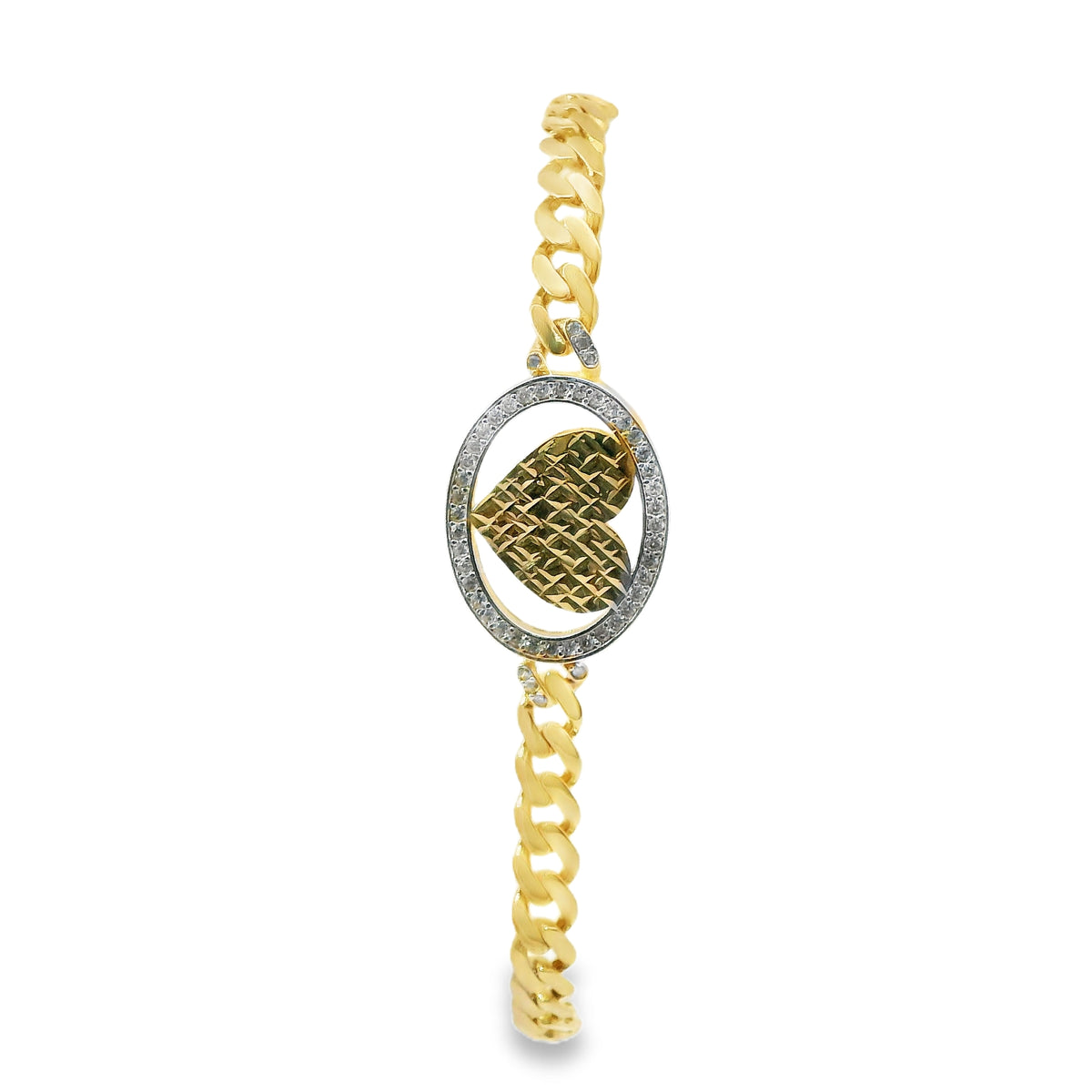14KT Gold Bracelet Women's Single Charm Two Tone Diamond Cut Heart with Oval White Gold CZ Stones Border and White CZ Stone End Cuban Link Lobster Clasp Band