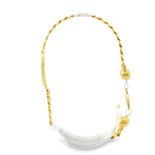14KT Gold Bracelet Women's Single Charm Two Tone Diamond Cut Heart with Oval White Gold CZ Stones Border and White CZ Stone End Cuban Link Lobster Clasp Band