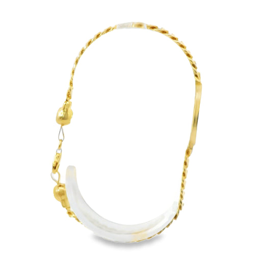 14KT Gold Bracelet Women's Single Charm Two Tone Diamond Cut Heart with Oval White Gold CZ Stones Border and White CZ Stone End Cuban Link Lobster Clasp Band