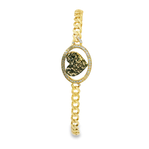 14KT Gold Bracelet Women's Single Charm Diamond Cut Heart with Oval White CZ Stones Border and White CZ Stone End Cuban Link Lobster Clasp Band