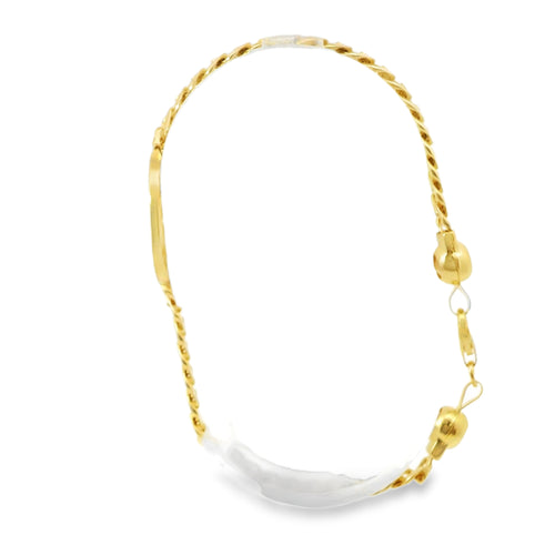 14KT Gold Bracelet Women's Single Charm Diamond Cut Heart with Oval White CZ Stones Border and White CZ Stone End Cuban Link Lobster Clasp Band