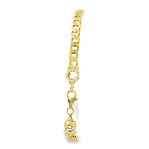 14KT Gold Bracelet Women's Single Charm Diamond Cut Heart with Oval White CZ Stones Border and White CZ Stone End Cuban Link Lobster Clasp Band
