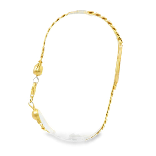 14KT Gold Bracelet Women's Single Charm Diamond Cut Heart with Oval White CZ Stones Border and White CZ Stone End Cuban Link Lobster Clasp Band